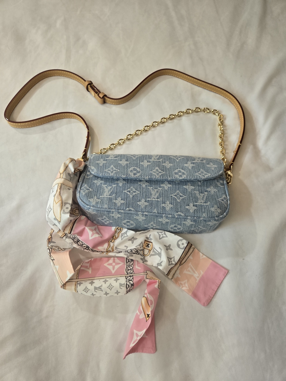 Designer-Inspired Denim Crossbody Bag with Pink Twilly Accent